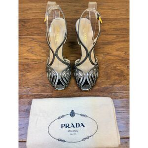 PRADA Metallic Silver Leather Stiletto Heels, Sz 7.5
